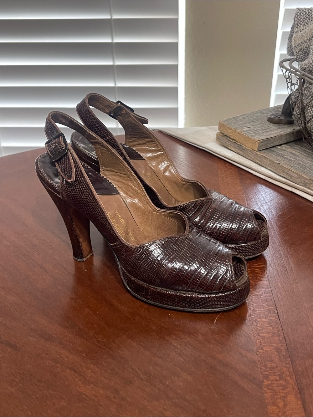 Martinique 1940 Marlyn last peep toe Slingback vtg heels reptile handmade